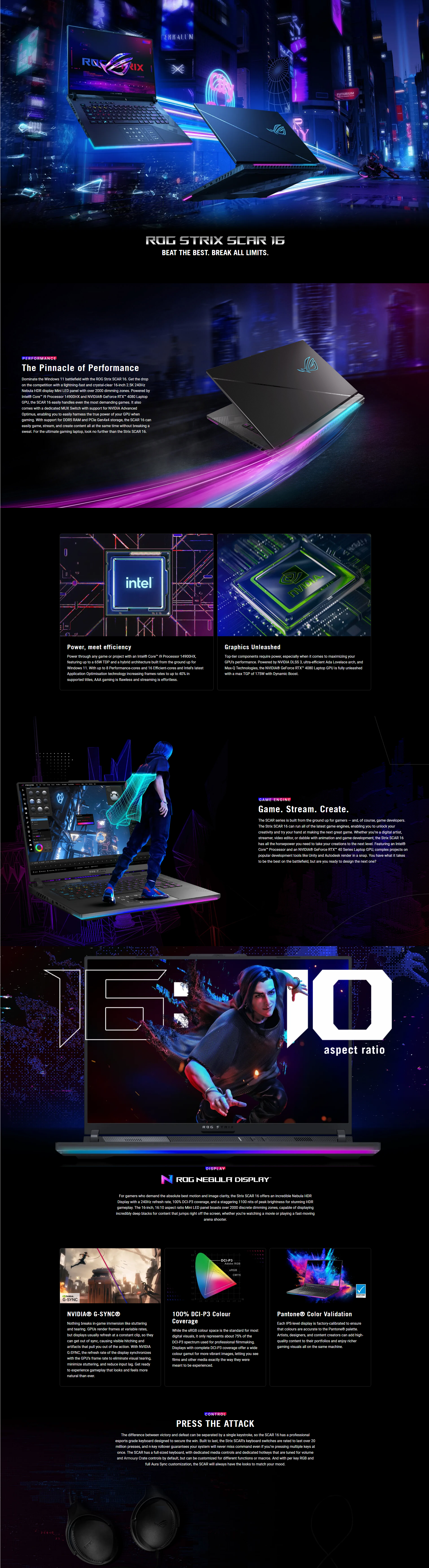 A large marketing image providing additional information about the product ASUS ROG Strix SCAR 16 (G634) - 16" 240Hz, 14th Gen i9, RTX 4080, 32GB/1TB - Win 11 Gaming Notebook - Additional alt info not provided